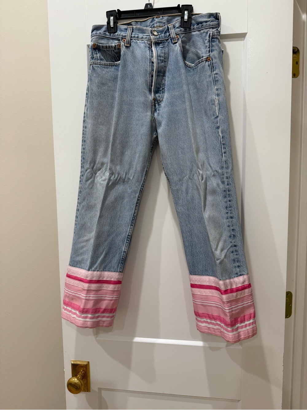 Custom Levi’s 501 Button Fly Jeans Pink Grosgrain Ribbon Cuff Coastal Preppy